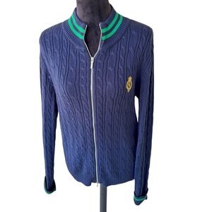 Lauren Active Ralph Lauren‎ Navy Cable Knit Cotton Zip Sweater Crown Logo Large